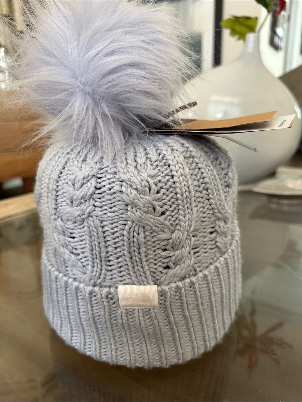The North Face Light Gray Cable Knit Pom Beanie